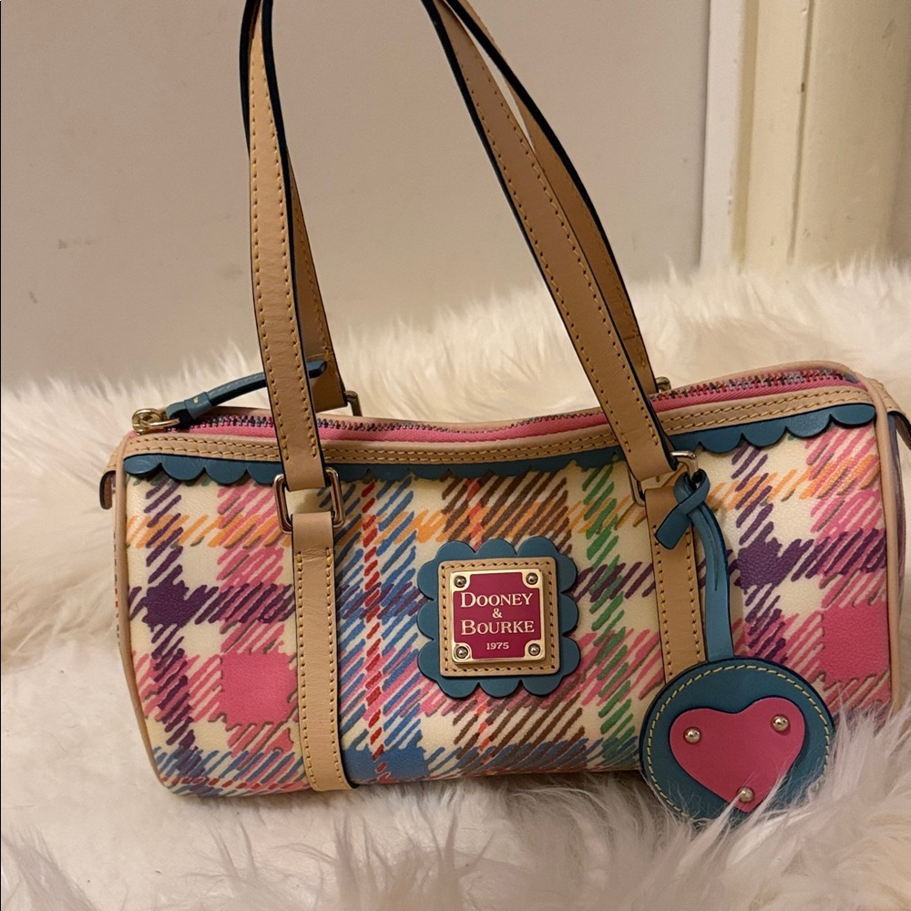 Dooney & Bourke Multicolor Plaid Mini Barrel Bag with Pink Heart Charm